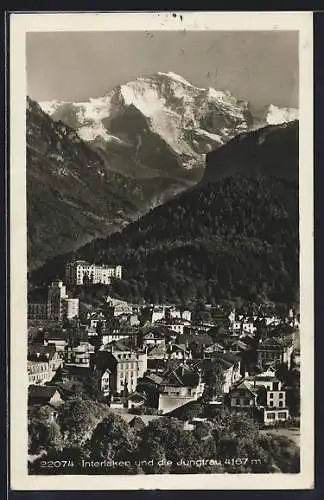 AK Interlaken, Ortsansicht mit Jungfrau aus der Vogelschau