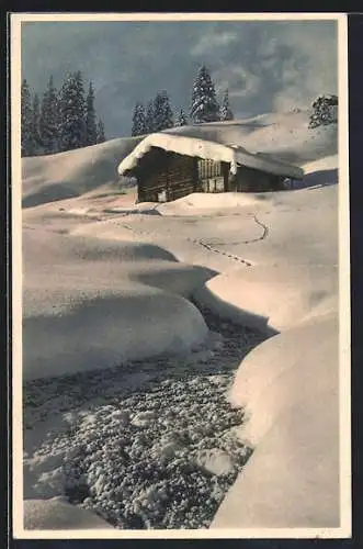 AK Adelboden, Winterlandschaft im Gilbach mit Hütte