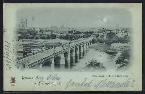 Mondschein-AK Magdeburg, Panorama von der Friedrichstadt, mit Brücke