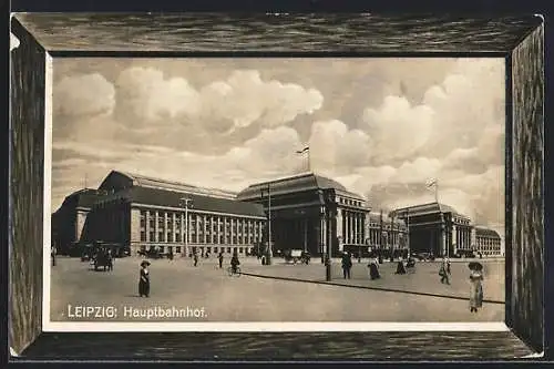 AK Leipzig, Hauptbahnhof, Panorama von der Strasse aus, Rahmen