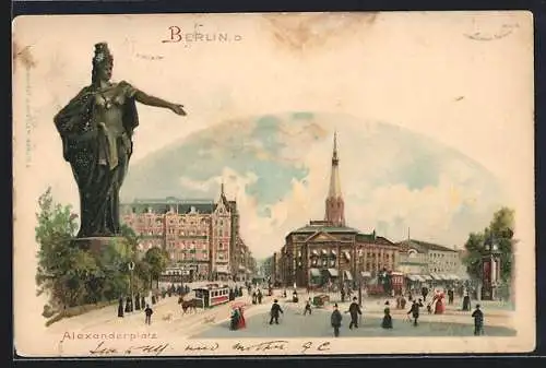 Lithographie Berlin, Alexanderplatz mit Strassenbahn