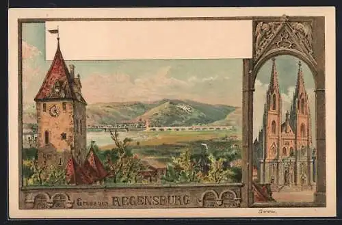 Lithographie Regensburg, Blick auf Brücke u. Kathedrale