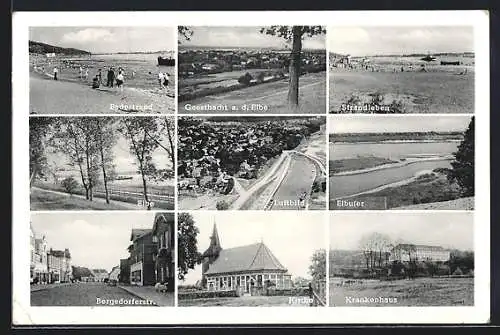 AK Geesthacht, Badestrand, Elbufer, Krankenhausn, Kirche und Bergedorferstrasse