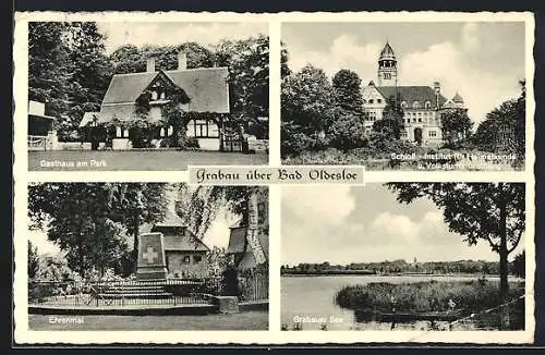 AK Grabau über Bad Oldesloe, Gasthaus am Park, Schloss Institut frü Heimatkunde und Volkstumsforschung, Ehrenmal