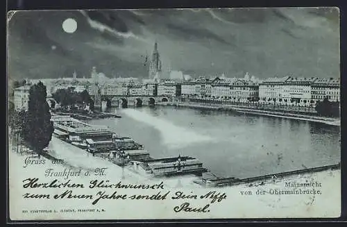 Mondschein-AK Frankfurt-Sachsenhausen, Mainansicht von der Obermainbrücke