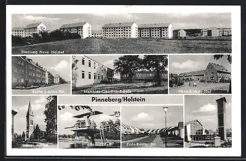 AK Pinneberg /Holstein, Hans-Böckler-Hof, Matthias-Claudius-Schule, Badeanstalt
