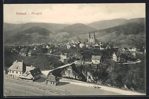 AK Forbach i. Murgtal, Teilansicht mit Kirche und Bahnhof