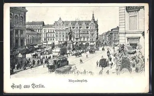 AK Berlin, Alexanderplatz mit Geschäften und Pferdebahn