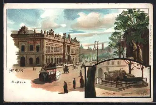 Lithographie Berlin, Pferdebahn am Zeughaus, Denkmal