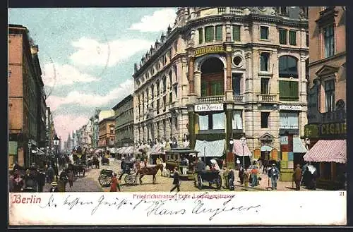 AK Berlin, Friedrichstrasse, Equitable-Palast, Pferdebahn u. Passanten