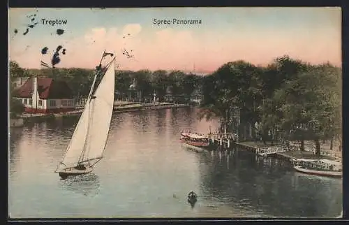 AK Berlin-Treptow, Spree-Panorama mit Gasthaus aus der Vogelschau