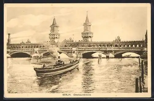 Künstler-AK Berlin-Friedrichshain, Oberbaumbrücke mit Dampfer