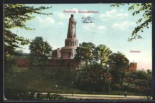 AK Hamburg-St.Pauli, Bismarckdenkmal mit Seewarte