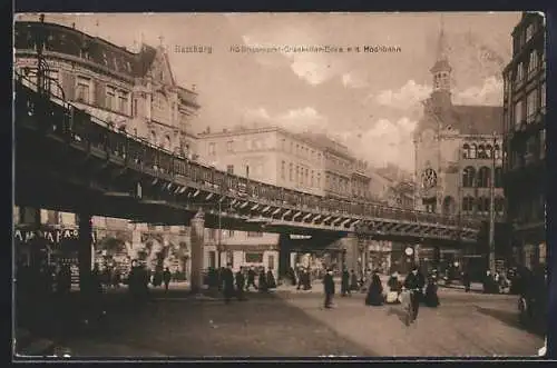 AK Hamburg-Neustadt, Rödingemarkt-Graskeller-Ecke mit Hochbahn