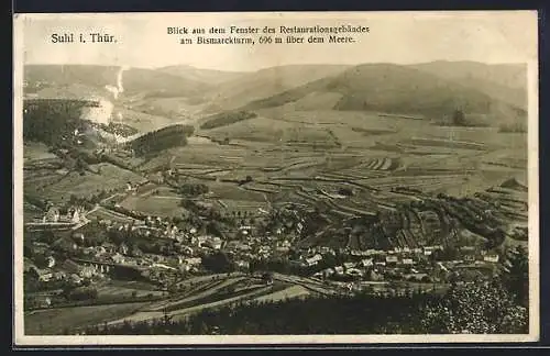 AK Suhl i. Thür., Blick auf den Ort aus dem Restaurantfenster am Bismarckturm