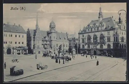 AK Halle a. S., Markt mit Gasthaus Ratskeller, Rathaus und Händel-Denkmal