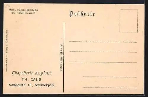 AK Halle a. S., Markt mit Gasthaus Ratskeller, Rathaus und Händel-Denkmal