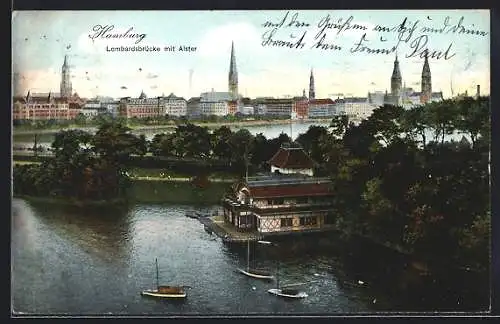 AK Hamburg-Rotherbaum, Lombardsbrücke mit Alster, Bootshaus des RC Hammonia