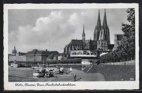 AK Köln, Panorama mit Bastei, Dom u. Reichsbahndirektion