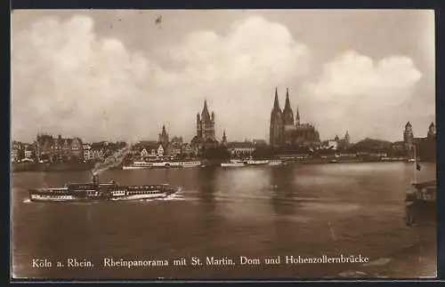 AK Köln a. Rh., Rheinpanorama mit St. Martin, Dom u. Hohenzollernbrücke