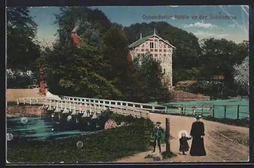 AK Kiel, Gasthaus-Pension Oppendorfer Mühle an der Schwentine, mit Brücke