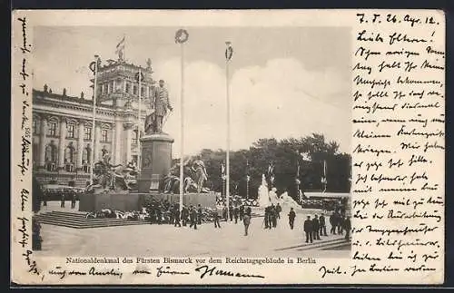 AK Berlin-Tiergarten, Denkmal Fürst Bismarck u. Reichstagsgebäude