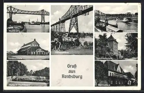 AK Rendsburg, Hochbrücke, Nordmarkhalle, Partie an der Stadtmauer, Schwebefähre