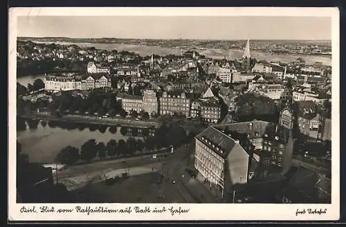 AK Kiel, Blick vom Rathausturm auf Wacht und Hafen