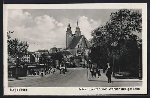 AK Magdeburg, Johanniskirche von Werder aus gesehen