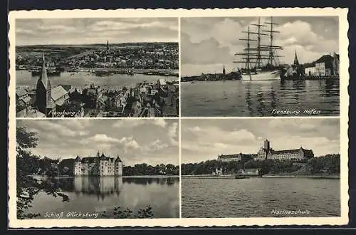 AK Flensburg, Ortsansicht aus der Vogelschau, Hafen, Marineschule und Schloss Glücksburg