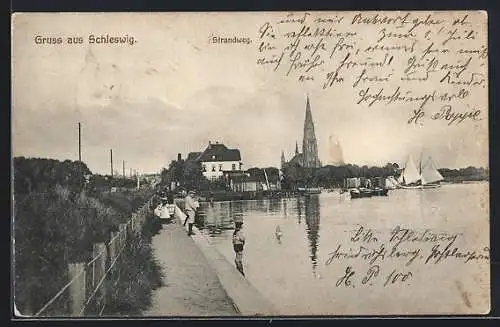 AK Schleswig, Blick vom Strandweg zur Kirche