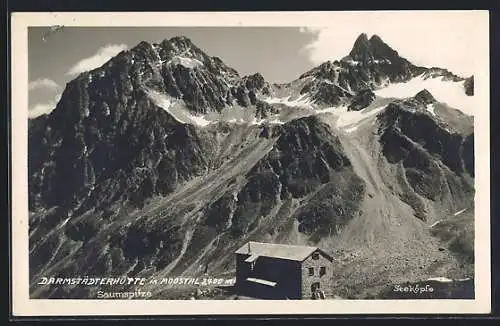 AK Darmstädterhütte im Moostal, Ansicht mit Saumspitze und den Seeköpfen