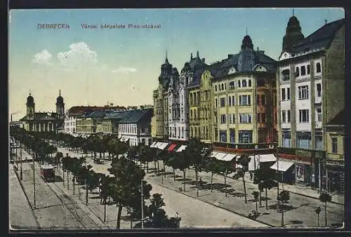 AK Debrecen, Városi bérpalota Piac-utcával, Strassenbahn