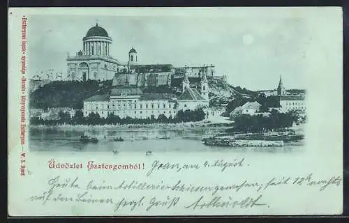 Mondschein-AK Esztergom, Ortsansicht vom Wasser aus