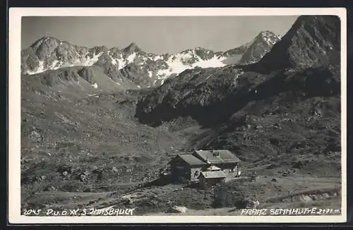 AK Franz Sennhütte, Berghütte gegen verschneite Gipfel