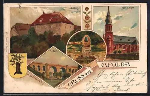 Lithographie Apolda, Viaduct, Schloss, Katholische Kirche, Sängerstein, Wappen um 1900