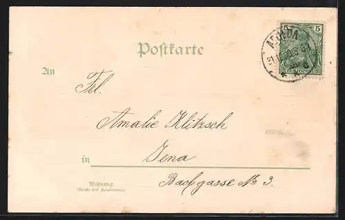 Lithographie Apolda, Viaduct, Schloss, Katholische Kirche, Sängerstein, Wappen um 1900
