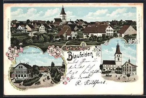 Lithographie Blaufelden, Partie beim Bahnhof, Marktplatz, Gesamtansicht