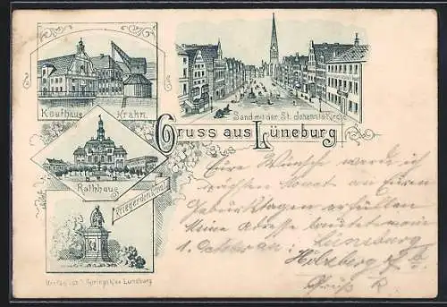 Lithographie Lüneburg, Strasse Sand mit Hotel zum deutschen Hause und St. Johannis-Kirche, Kaufhaus Krahn, Rathaus