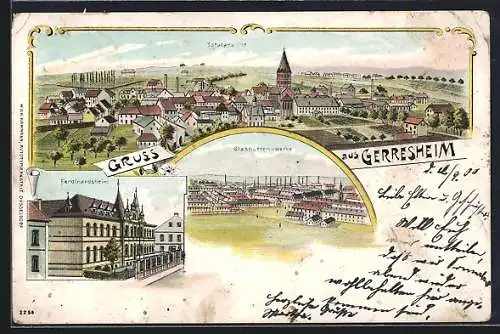 Lithographie Gerresheim, Glashütten-Werke, Ferdinandsheim, Totalansicht