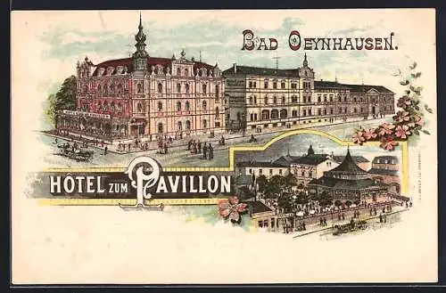 Lithographie Bad Oeynhausen, Hotel zum Pavillon mit Passanten