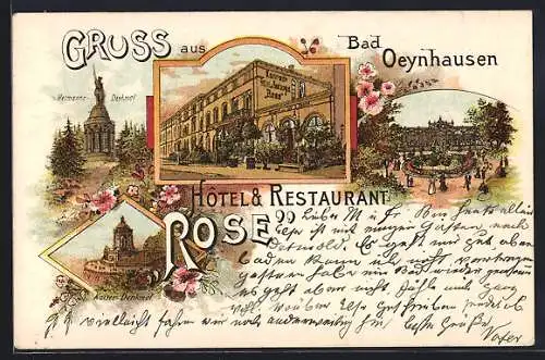 Lithographie Bad Oeynhausen, Hotel & Restaurant Rose, Hermanns-Denkmal, Kaiser-Denkmal