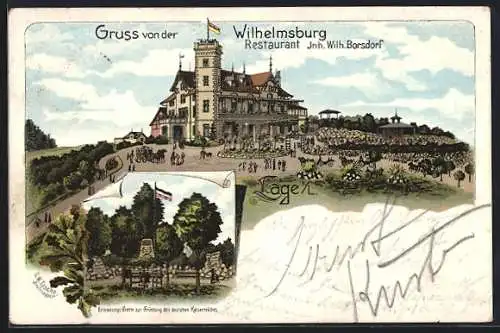 Lithographie Lage i. L., Restaurant Wilhelmsburg, Inh. Wilh. Borsdorf, Erinnerungs-Grotte