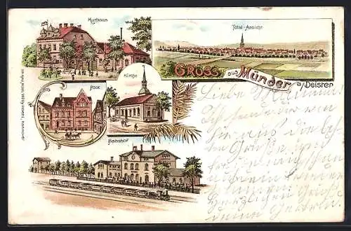 Lithographie Münder a. Deister, Kurhaus, Post, Bahnhof