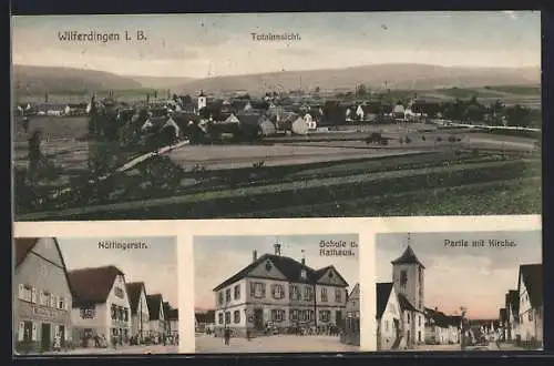 AK Wilferdingen i. B., Nöttingerstrasse mit Gasthaus, Schule und Rathaus, Strassenpartie mit Kirche