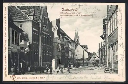 AK Duderstadt, Jüdenstrasse mit Post, Mädchenschule und Klosterkirche