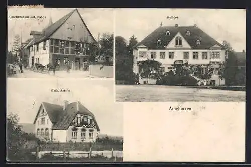 AK Amelunxen, Geschäftshaus Jos. Rabbe, Schloss, Katholische Schule