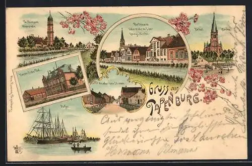 Lithographie Papenburg, Kaiserliche Post, Evangelische und Katholische Kirche