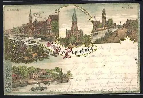 Lithographie Papenburg, St. Antonius-Kirche, Bahnhof und Hafen, Am Obenende