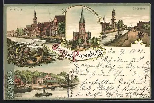 Lithographie Papenburg, St. Antonius-Kirche, Bahnhof und Hafen, Am Obenende